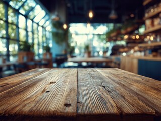 Poster - Rustic wooden table surface in blurred cafe interior background with hanging lights and large windows for product placement or food photography