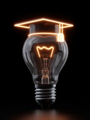 Poster - Lightbulb with Graduation Cap Concept on Black Background Studio Shot Symbolizing Education and Bright Ideas