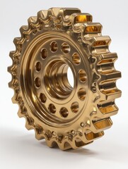 Poster - Golden Sprocket Wheel Close Up on White Background Shiny Metal Part Industrial Component Engineering Detail
