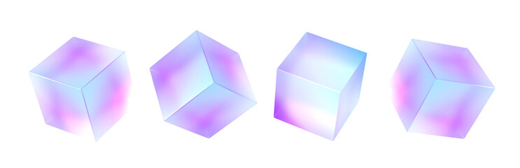 Poster - 3d glass holographic frosted morphism cube isolated render icon set. Abstract geometric translucent block shapes with color neon hologram gradient, square plastic or acrylic objects