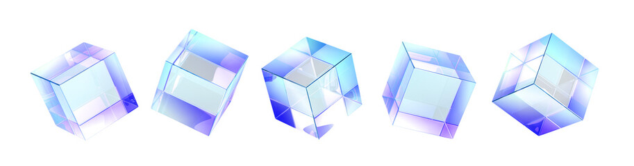 Poster - Abstract crystal light holographic glass cube box 3d render icon set. Transparent geometric block shapes with rainbow hologram gradient. Isolated glossy square objects, clear elements