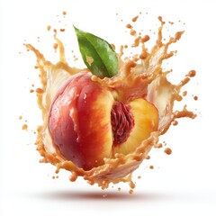 Aufkleber - Peach explosion on white background close up view of fruit with juice splash and green leaf studio shot