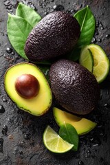 Poster - Dark Hass Avocados with Lime Wedges on Wet Textured Surface Studio Shot Overhead Close Up Fresh Healthy Food Preparation