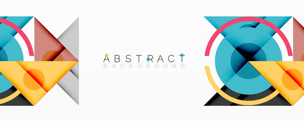 Fototapete - Geometric shapes overlap, creating vibrant abstract designs. Colors include blue, orange, red, brown, teal. Minimalist style.