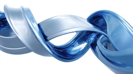 Poster - Abstract Blue and Silver Metallic Ribbon Swirl on White Background Close Up Studio Shot Modern Design Element