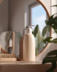 Aufkleber - Beige lotion bottle and wooden brush on bathroom counter reflected in mirror in soft focus home interior