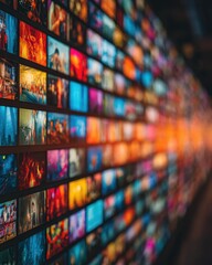 Poster - Video wall displaying diverse content at an angle showing multiple screens with vibrant colors and dynamic imagery for digital media