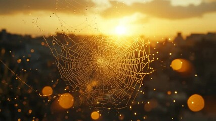 Intricate spider web glistening in the sunset, with a city skyline blurred behind