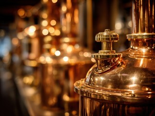 Poster - Close-up of Shiny Copper Brewing Equipment in a Brewery with Bokeh Lights in Background Industrial Setting