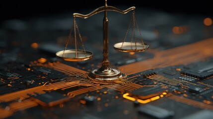 Poster - Golden Scales of Justice Resting on a Modern Computer Circuit Board Symbolizing Cyber Law and Digital Ethics in a Technological Age
