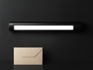 Aufkleber - A minimalist image featuring a slender, illuminated black fixture mounted on a dark wall above a pale beige envelope on a reflective surface