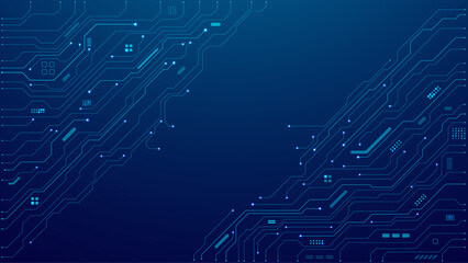 Fototapete - Circuit board on technology dark blue background. Abstract digital tech bg. Electronics and computer technology concept. Chip and circuit board. Chip connectors illustration. Digital vector web banner