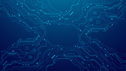 Fototapete - Abstract AI circuit board. Blue technological background. Tech connected blue lines with circuit elements. Digital bg. Computer motherboard with processor, chip, and semiconductor. Vector illustration