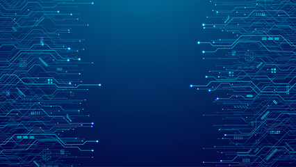 Poster - Modern technology blue circuit board texture or pattern. Web background design. Futuristic blue circuit board on tech bg. Abstract backdrop template. Great for web presentations and banners. Vector
