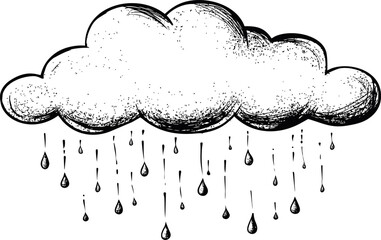Leinwandbilder - Sketch of a rain cloud with drops falling from it, black and white illustration. Vector illustration