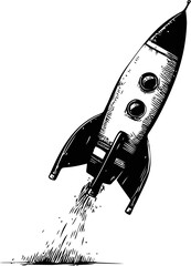 Poster - Vintage black and white rocket illustration flying through space. Vector illustration
