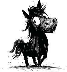 Poster - Black and white cartoon of a curious horse with large eyes, line art sketch. Vector illustration
