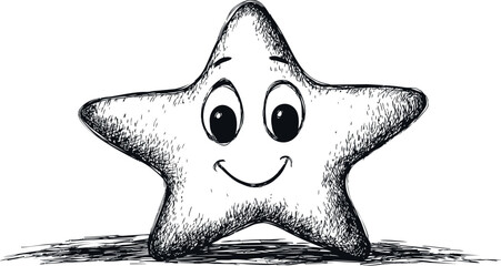 Poster - Happy smiling star with big eyes hand-drawn in black and white illustration. Vector illustration