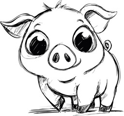 Poster - Adorable cartoon pig sketch with large eyes and playful expression, concept art. Vector illustration