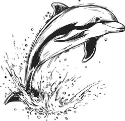Aufkleber - Black and white sketch of a leaping dolphin making a splash, artistic drawing. Vector illustration