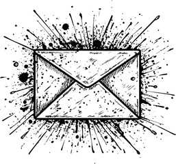 Poster - Ink splatter sketch of an envelope with artistic black and white design. Vector illustration