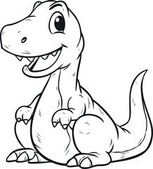 Poster - Cute dinosaur cartoon illustration with a big smile in black and white line art. Vector illustration