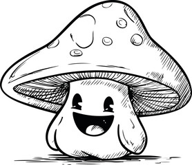 Poster - Cartoon mushroom with happy face illustration in black and white. Vector illustration