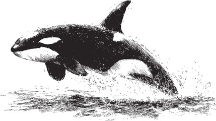Aufkleber - Orca leaping out of ocean in monochrome illustration, whale concept art. Vector illustration