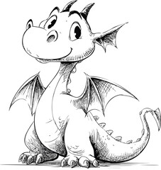 Poster - Cute cartoon baby dragon with a happy expression in black and white illustration. Vector illustration