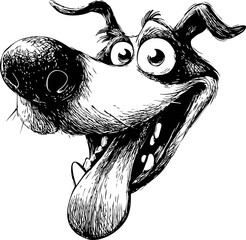 Poster - Happy cartoon dog face with floppy ears and sticking out tongue, black and white sketch. Vector illustration