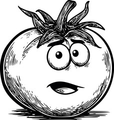 Poster - Cartoon illustration of a surprised tomato with expressive eyes in black and white. Vector illustration