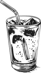 Aufkleber - Illustration of a cold drink in a glass with a straw and ice cubes, black and white. Vector illustration
