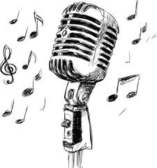 Poster - Vintage microphone with musical notes in sketch style illustration. Vector illustration