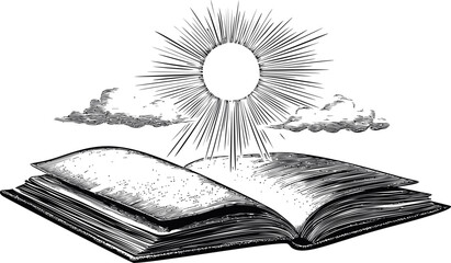 Poster - Open book with a radiant sun and clouds in a vintage sketch style. Vector illustration