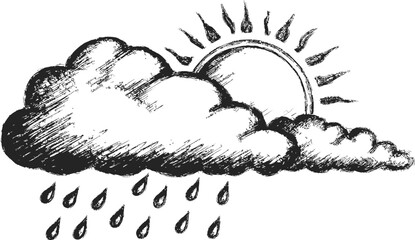 Poster - Sketch of sun behind clouds with raindrops, weather transition art. Vector illustration