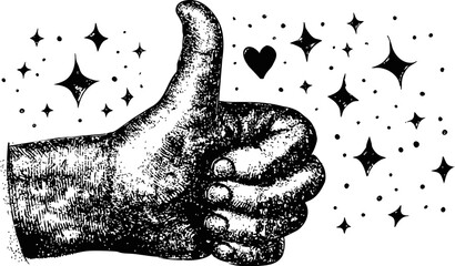 Poster - Vintage hand giving thumbs up with sparkles and heart in black and white sketch. Vector illustration