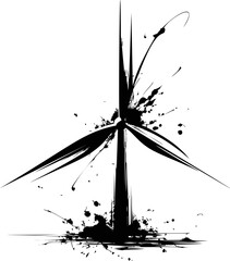 Poster - Abstract black and white ink splatter wind turbine illustration, energy concept. Vector illustration