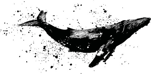 Poster - Whale silhouette in splash effect black and white watercolor illustration. Vector illustration