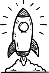 Poster - Black and white sketch of a rocket launching with clouds and lines. Vector illustration