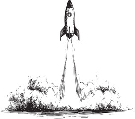Poster - Rocket launching with smoke and flames in black and white illustration style. Vector illustration