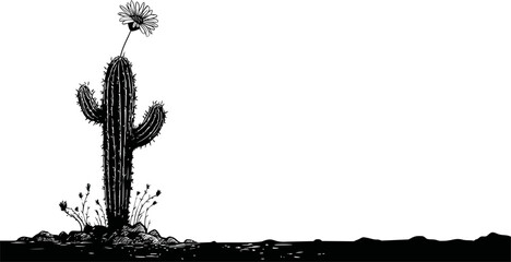Aufkleber - Black and white cactus with daisy on top in desert landscape illustration. Vector illustration