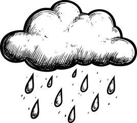 Aufkleber - Hand-drawn cloud with raindrops in black and white sketch illustration. Vector illustration