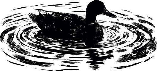 Aufkleber - Black and white illustration of a duck swimming on rippled water surface. Vector illustration