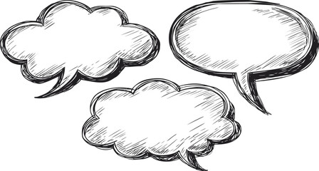 Poster - Sketchy black and white illustration of three speech bubbles. Vector illustration