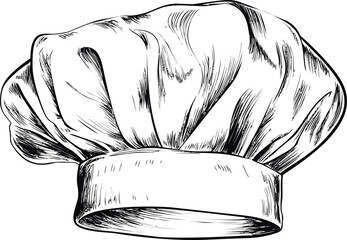 Poster - Illustration of a classic white chef's hat with detailed black outlines. Vector illustration