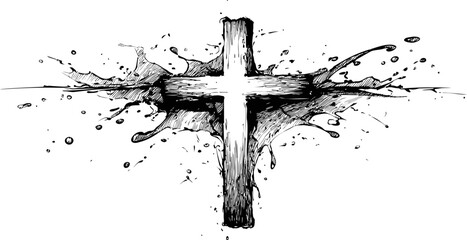 Aufkleber - Black ink cross with splatters sketch, art illustration concept. Vector illustration
