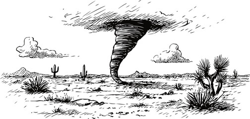 Wall Mural - black and white illustration of desert tornado with cacti and cloudy sky. vector illustration