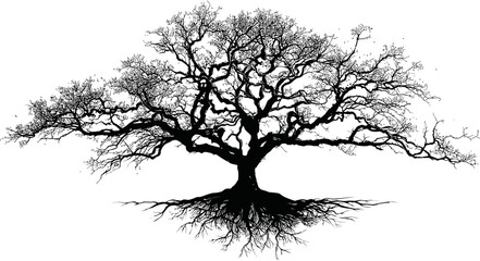 Poster - Silhouette of a sprawling tree with intricate branches and roots. Vector illustration