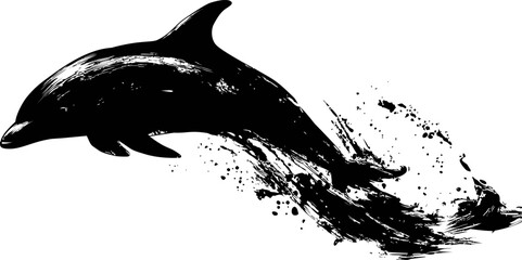Poster - Silhouette of a jumping dolphin with splash in black ink style. Vector illustration