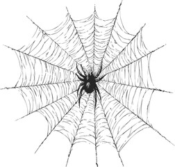 Aufkleber - Intricate spider web with a detailed spider in black and white illustration. Vector illustration